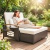 Rattan Outdoor Daybed w/4-Level Adjustable Backrest, Patio Sofa Bed w/Storage Ottoman, Acacia Wood Armrest, Beige
