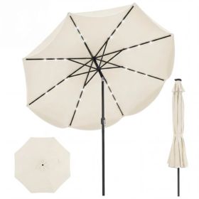 10 Ft Solar Powered Patio Umbrella With 24 LED Lights, Beige Outdoor Market Umbrella