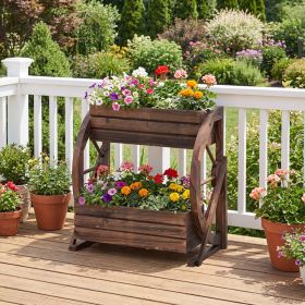 2-Tier Raised Wooden Wagon Planter Bed – Rustic Rolling Garden Bed with Drainage Holes for Flowers & Potted Plants