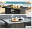 30 Inch Outdoor Gas Fire Pit Table Wicker-Effect Auto-Ignition 50,000 BTU Ceramic Top with Lid Lava Rocks Rain Cover