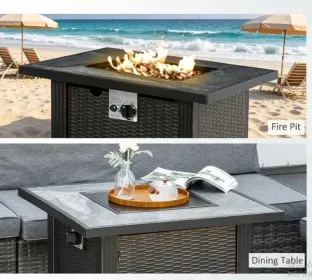30 Inch Outdoor Gas Fire Pit Table Wicker-Effect Auto-Ignition 50,000 BTU Ceramic Top with Lid Lava Rocks Rain Cover