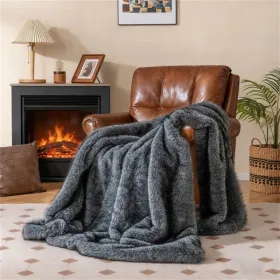 Gray 740GSM Faux Wolf Fur Throw Blanket 60x80 – Ultra Soft Fleece Blanket