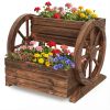 2-Tier Raised Garden Bed Rustic Wooden Wagon Planter with Drainage Holes & Wheels for Flowers and Potted Plants