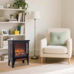 17 Inch Freestanding Electric Fireplace Stove Heater With 3D Flame Effect, Black – Compact Indoor Heater
