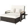 Rattan Outdoor Daybed w/4-Level Adjustable Backrest, Patio Sofa Bed w/Storage Ottoman, Acacia Wood Armrest, Beige