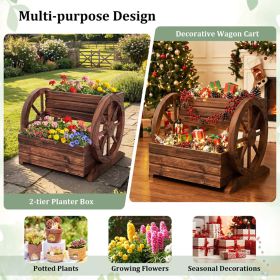2-Tier Raised Garden Bed Rustic Wooden Wagon Planter with Drainage Holes & Wheels for Flowers and Potted Plants