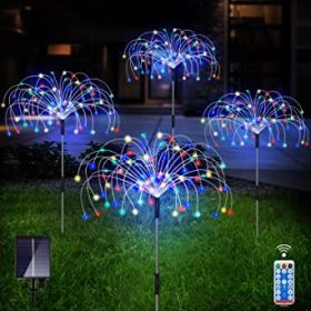 Outdoor Solar Garden Lights;   4 Pack Colorful 120 LED Copper Wire Waterproof Solar Garden Fireworks Lamp with Remote