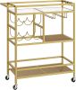 Bar Cart for Home, 3-Tier Serving Cart with Wheels and Handle, Beverage Cart with Wine Rack and Glass Holders Gold