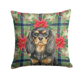 Black and Tan English Toy Spaniel Christmas PoinsettIas Throw Pillow Decorative Indoor Outdoor Accent Cushion for Couch, Bed or Patio, 14Hx14W