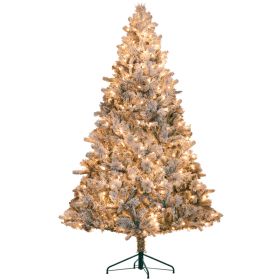 HOMCOM 7.5 Ft Pre-Lit Artificial Christmas Tree With 500 Clear Lights And 1530 Tips, Snow Flocked Christmas Tree With Metal Stand, Hinged Xmas Tr (Option: Green)