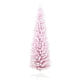 7' Decorated Christmas Tree Snow Flocked Artificial Christmas Tree with Pencil Shape, Realistic Branches, Pink (Option: Pink-1000x240x280 mm)