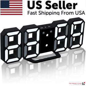 Digital 3D LED Big Wall Desk Alarm Clock Snooze 12/24 Hours Auto Brightness USB (Color: Black & White)