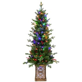 4ft Pre-lit Potted Porch Christmas Tree, Small Slim Christmas Tree With Multicolor Lights, Twinkle Potted Xmas Tree With Mixed PE, Metal Glint Ba (Option: 4ft)