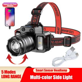 LED Telescopic Headlamp Head Torch USB Rechargeable Motion Sensor Headlight Zoomable 5 Modes Emergency Power Bank For Camping (Option: Black)
